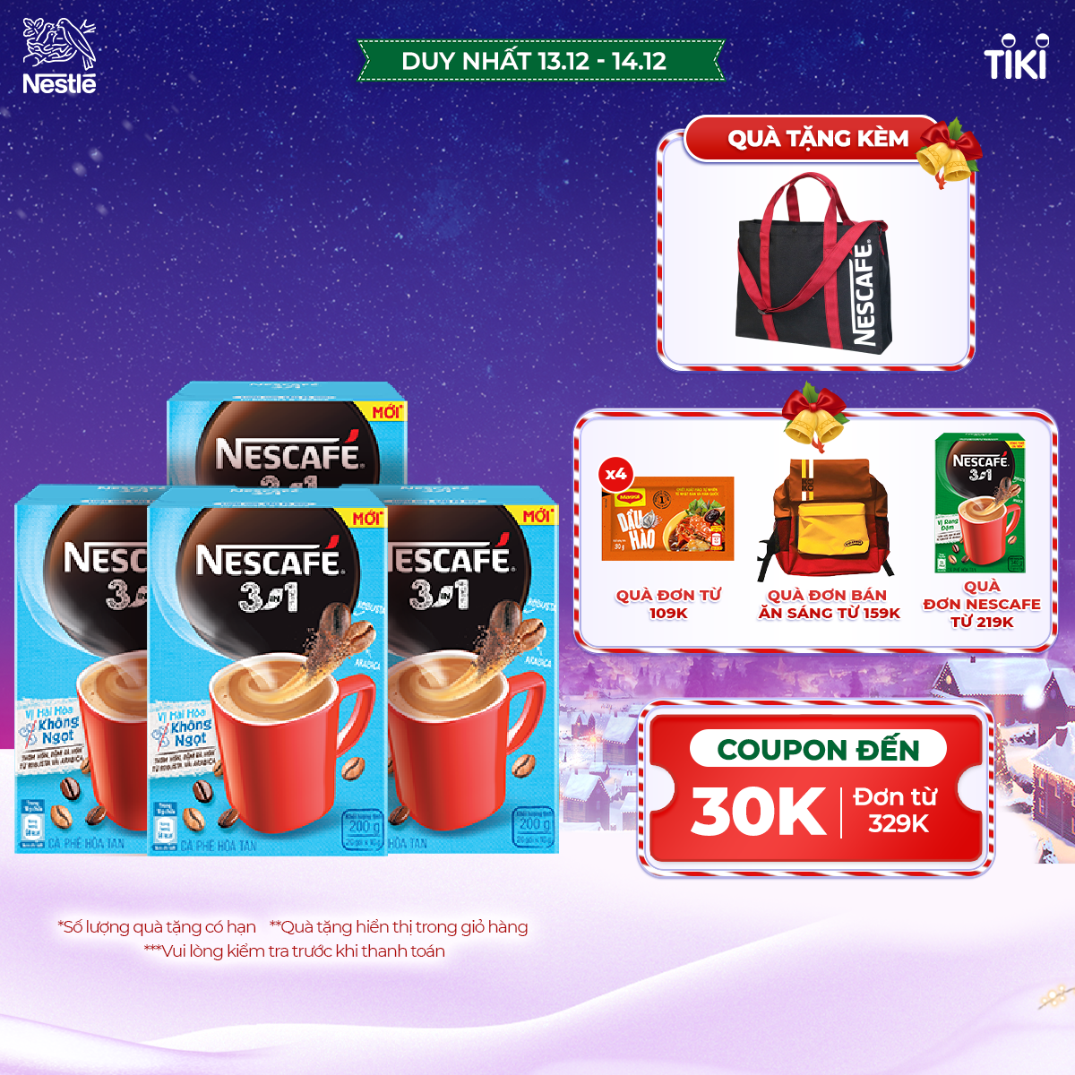 Combo 4 hộp cà phê hòa tan Nescafé 3in1 vị hài hòa không ngọt - công thức cải tiến