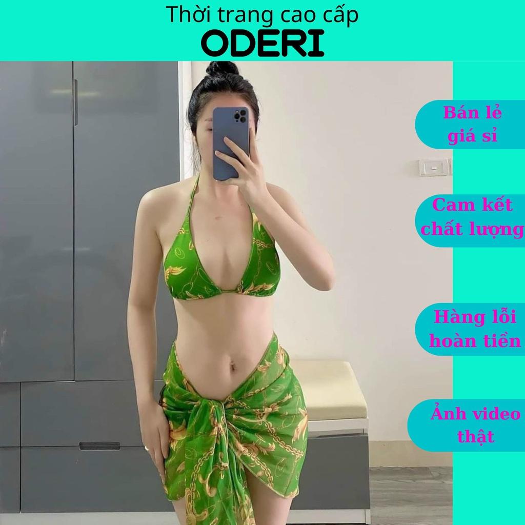 SET 3 MÓN BIKINI, ĐỒ BƠI ĐI BIỂN SÉT TAM GIÁC HỌA TIẾT DÂY XÍCH XANH KÈM KHĂN MẪU MỚI ODERI 507