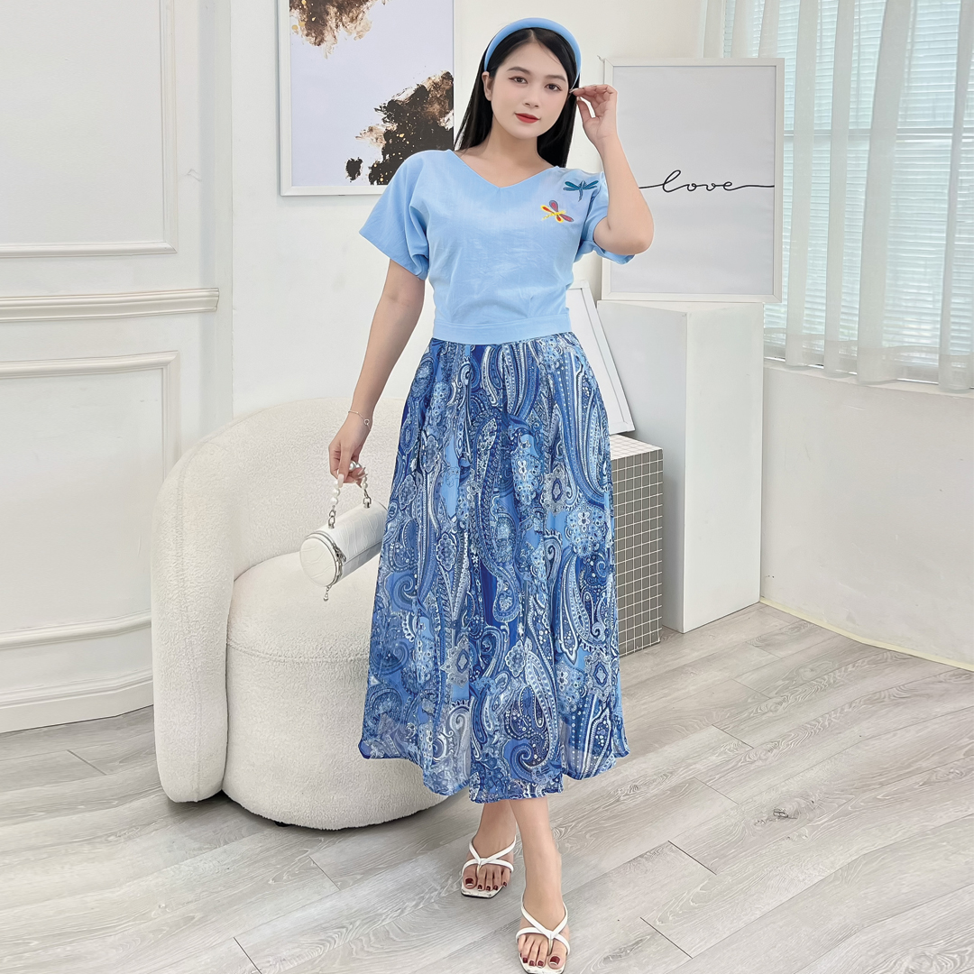 Set chân váy xòe vol + áo linen thêu sang trọng S06 - Lady fashion - Khánh Linh Style