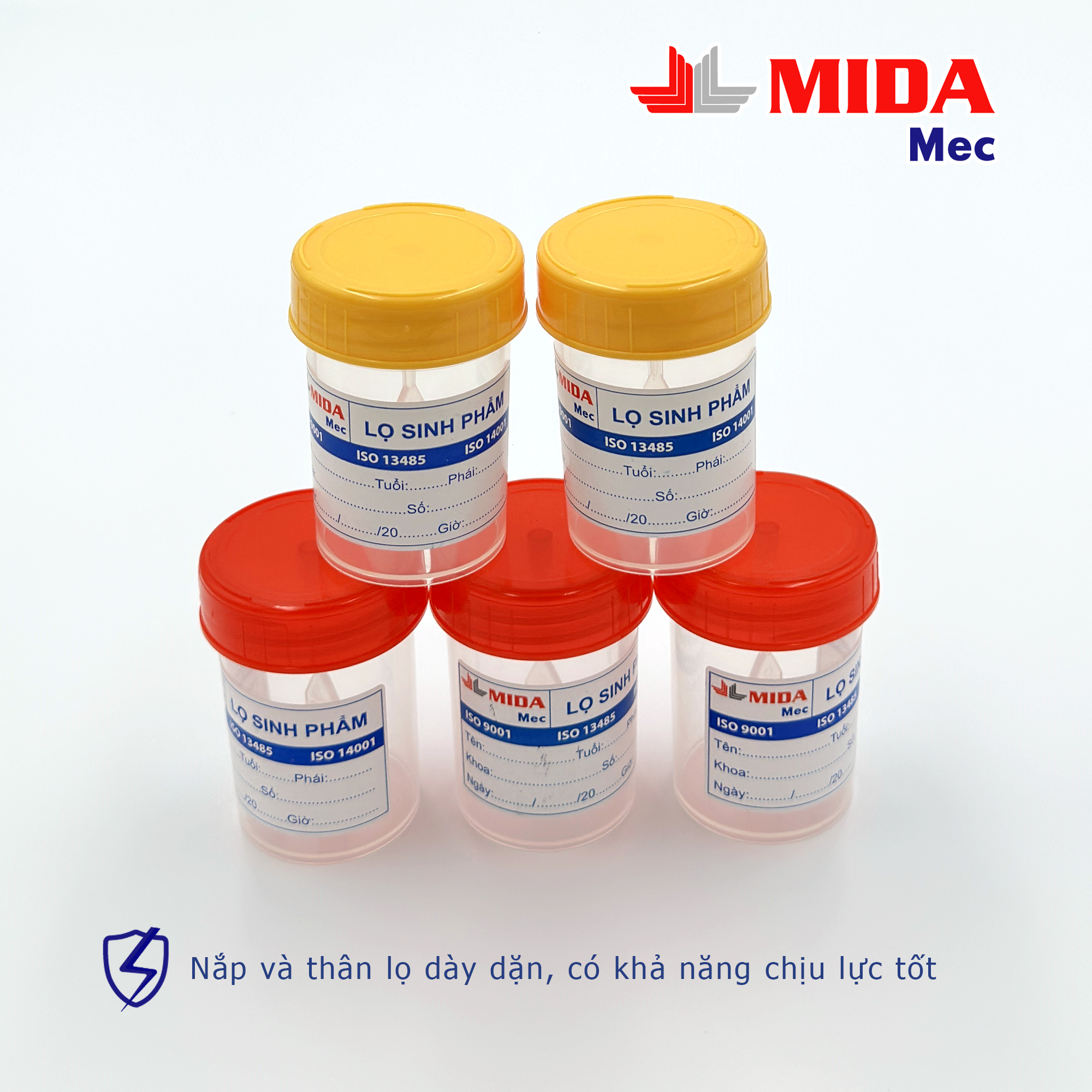 Lọ đựng bệnh phẩm MidaMec có gá 40ml PP đóng gói 100 lọ/bao - Nắp Vàng