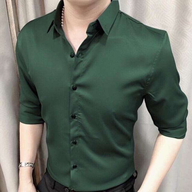 Áo sơ mi nam dài tay thời trang trơn lụa giãn