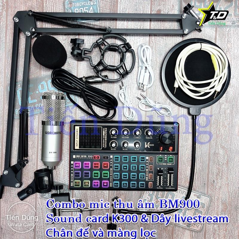 Mic thu âm bm900 sound card k300 dây livestream chế chân đế màng lọc sound card k300 hỗ trợ autu tune bluetooth