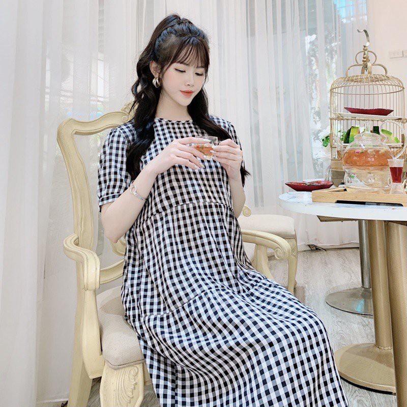 Đầm bầu babydoll 3 tầng vải kẻ caro VM6638