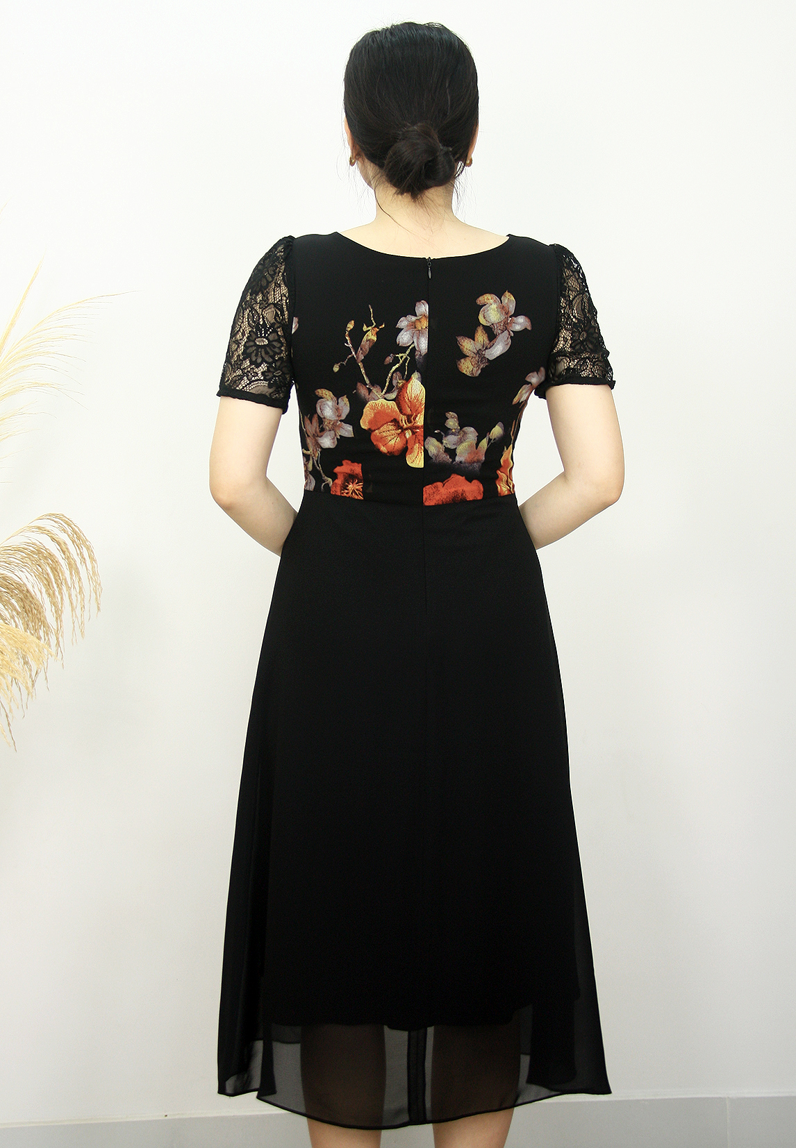 Đầm trung niên bigsize - Đầm xòe A voan hoa tay ren TIFALU900