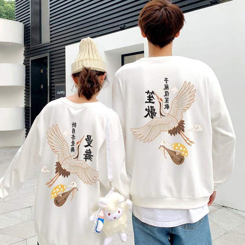 Áo nỉ thu đông nam nữ in hình chim hạc form rộng phong cách Nhật Bản vải mềm mại