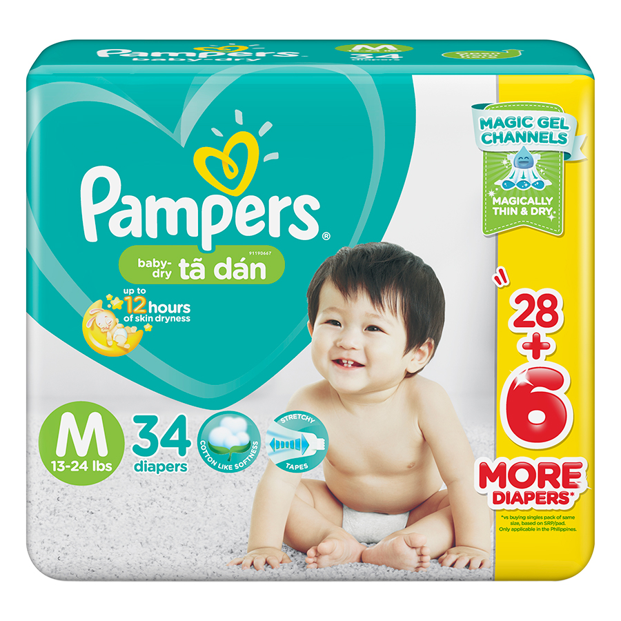 Combo 4 Tã Dán Pampers Baby Dry Gói Đại M34/L30/XL26 - Size M34