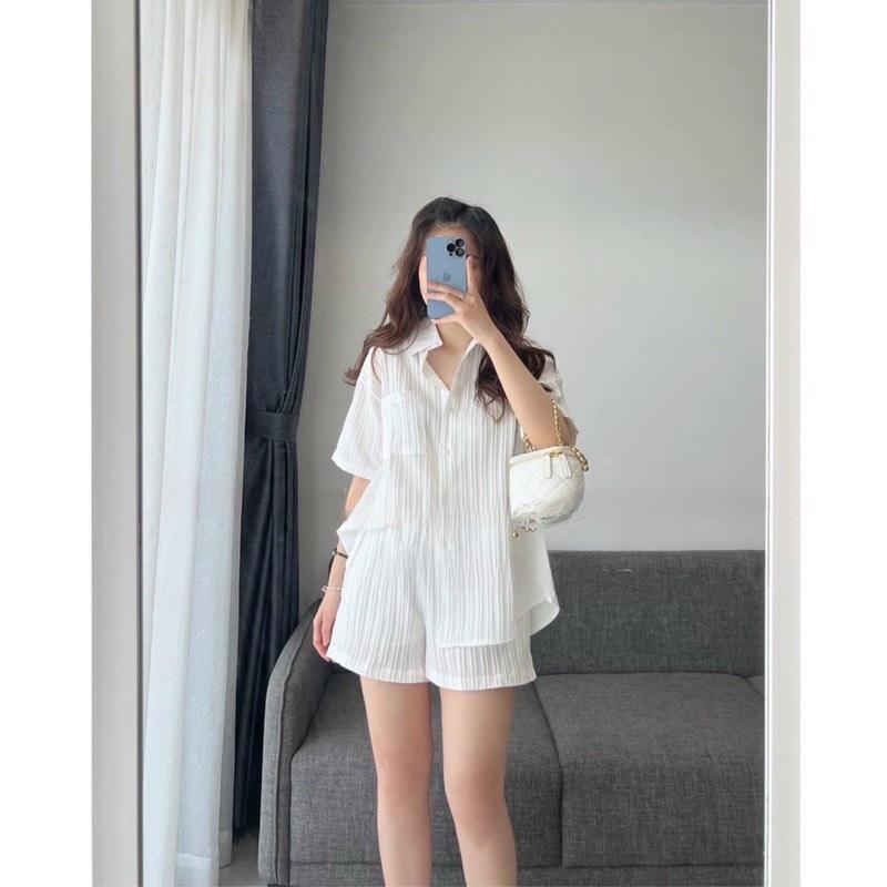 Bộ Áo Sơ Mi Cộc Tay Dây Buộc Lưng Quần Short Dáng Thụng Vải Đũi Gân