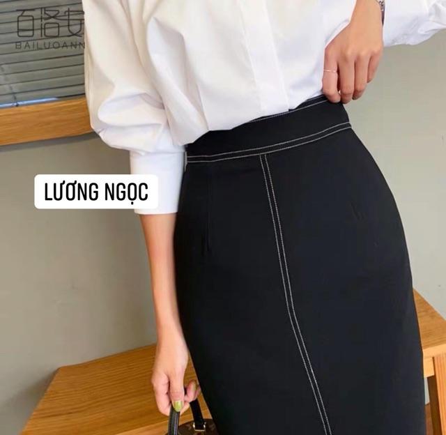 Chân váy chữ A dài 70cm có đường trần chỉ trắng cách điệu