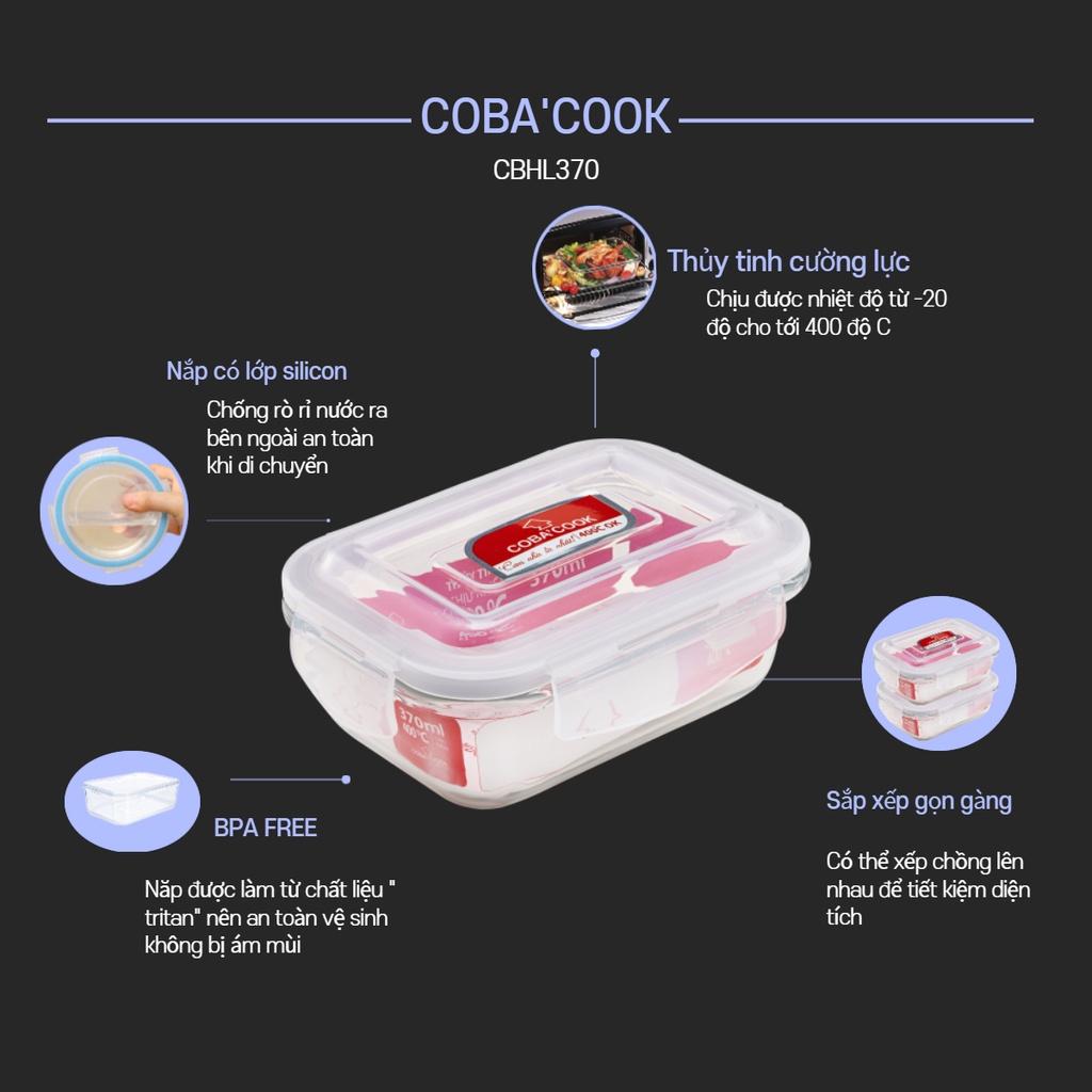 Bộ 3 hộp đựng cơm thức ăn,trữ thực phẩm thủy tinh cường lực ,chịu nhiệt COBA'COOK 2 chữ nhật 370ml + 1 vuông 320ml và 1 túi giữ nhiệt - CCL3S33BS