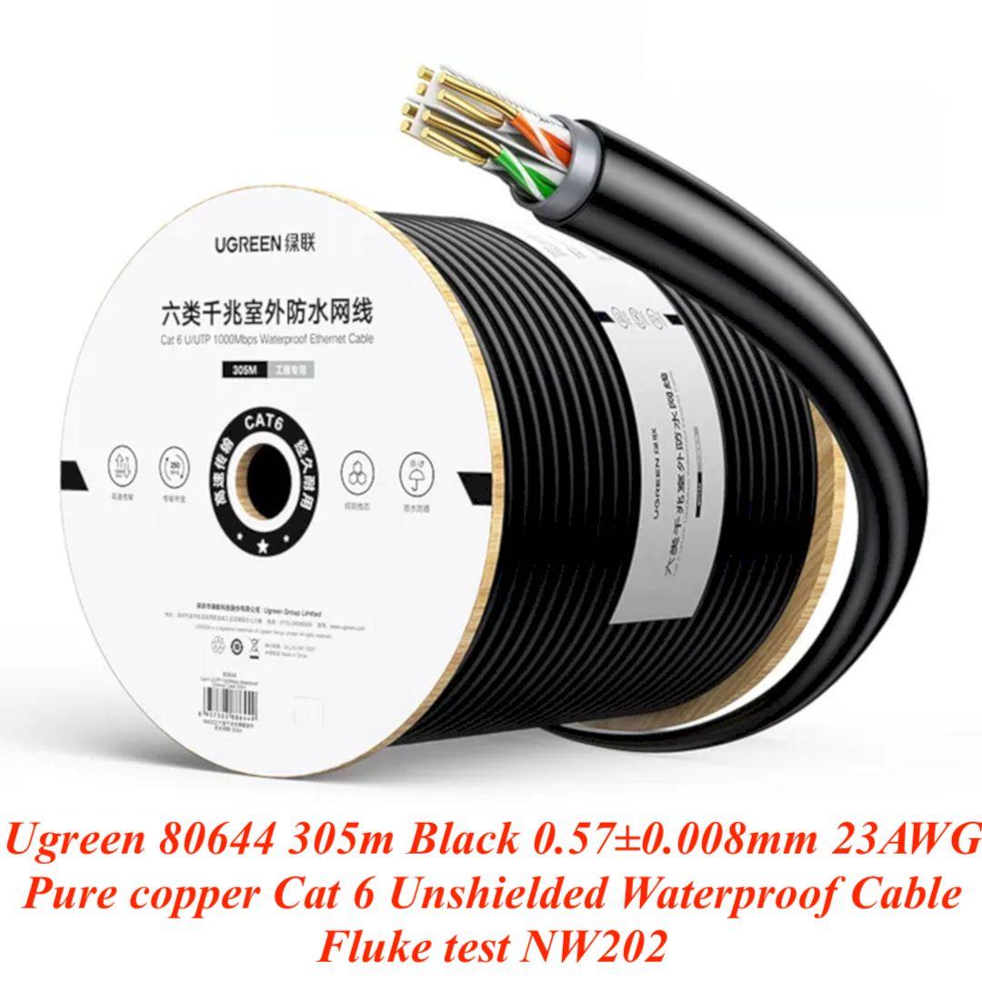 Ugreen UG80644NW202TK 305M OD 0.57+0.008mm 23AWG Màu Đen Cáp mạng Lan CAT 6 chống thấm nước, lõi đồng nguyên chất - HÀNG CHÍNH HÃNG