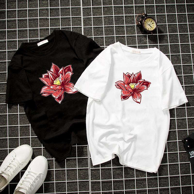 Áo thun form rộng unisex hoa sen đỏ vải dày mịn 2019T22043