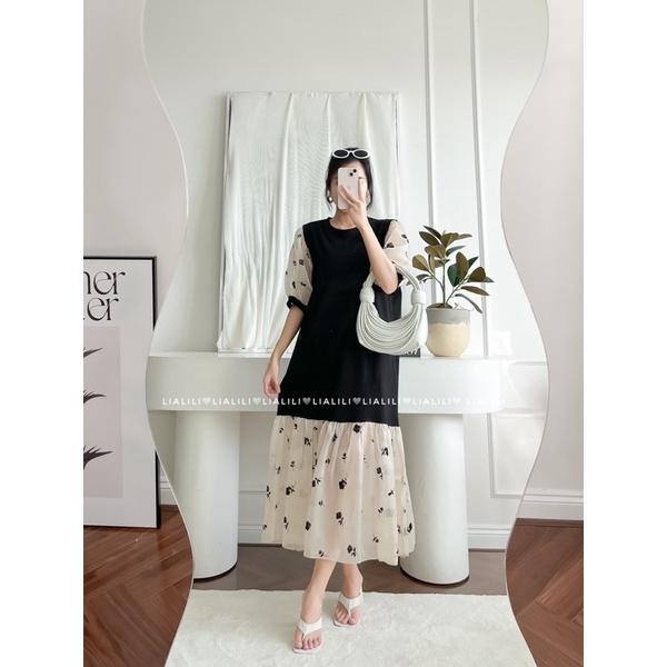 Đầm thun phối voan , form rộng thoải mái