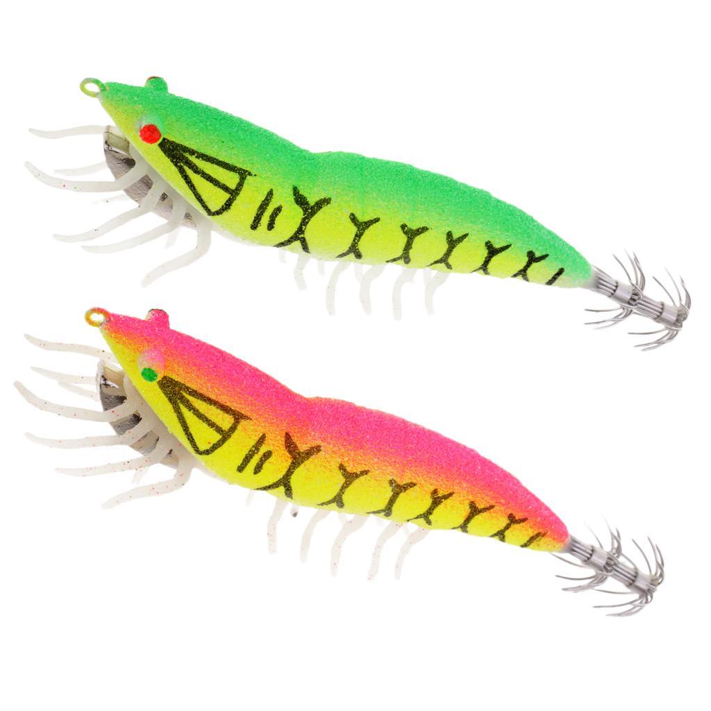 2pcs Glow In Dark Squid Lure Hooks Shrimp Fishing Lures W/ Luminous Soft Leg