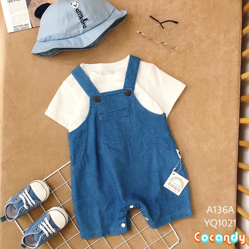 Set đồ cho bé -Quần yếm jean xanh và áo thun trắng cộc tay cho bé của COCANDY mã YQ102158, A136A
