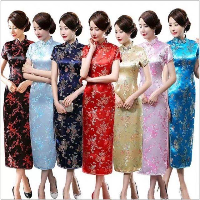 Đầm sườn xám gấm đỏ rồng dài ôm xẻ cao nữ trung hoa phong cách dự tiệc ,đi chơi