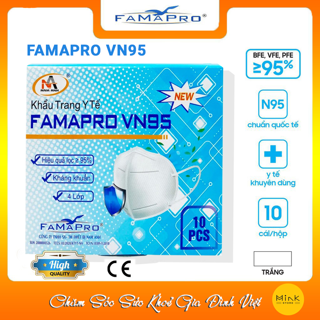 Khẩu trang y tế kháng khuẩn 4 lớp Famapro VN95 (Nam Anh) màu trắng (10 cái /hộp )