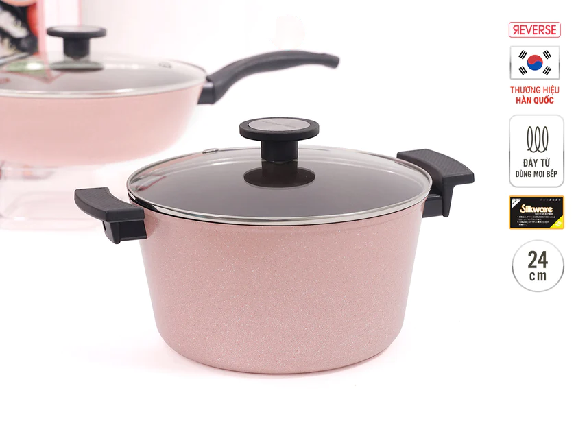 Bộ 4 món Nồi, Chảo chống dính Reverse Neoflam Hàn Quốc màu hồng đào. Bao gồm Nồi 24 I Nồi 20 I Chảo đa năng 28cm I Chảo chiên 24cm. Thân hợp kim nhôm, phủ chống dính Daikin thế hệ mới.