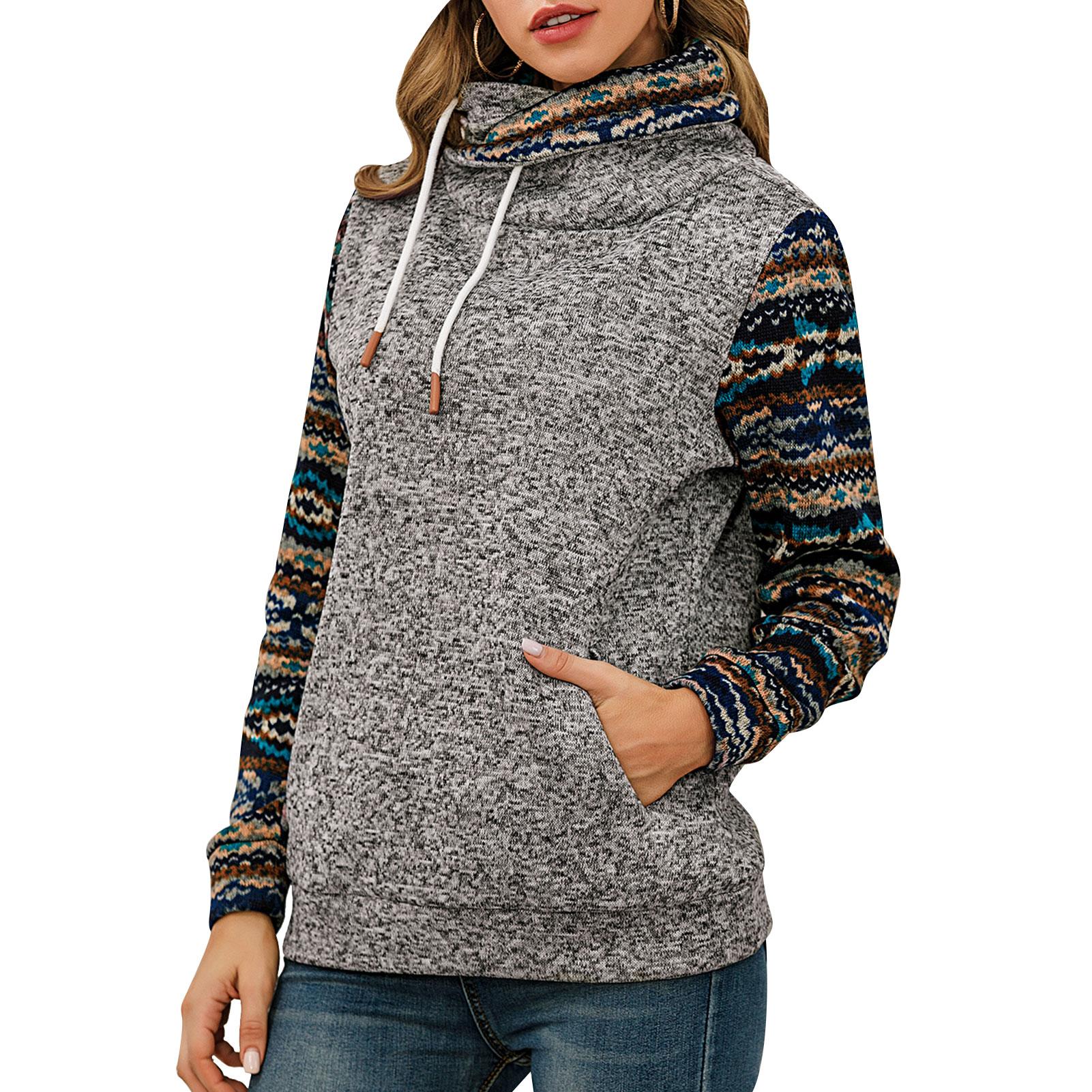 Women Sweatshirt Vintage Print Splicing Turtleneck Pocket Brushed Pullover Shirt Soft Casual Tops