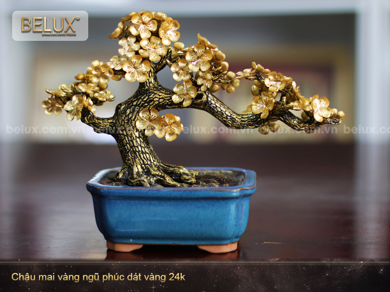Chậu mai vàng ngũ phúc dát vàng 24k - quà tặng phong thủy
