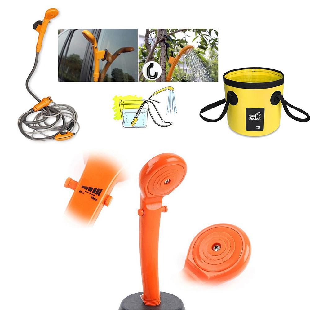 Vòi sen cắm trại bằng điện 12V với xô nước gấp gọn nhỏ gon tiện lợi dùng rửa xe tưới cây cắm trại