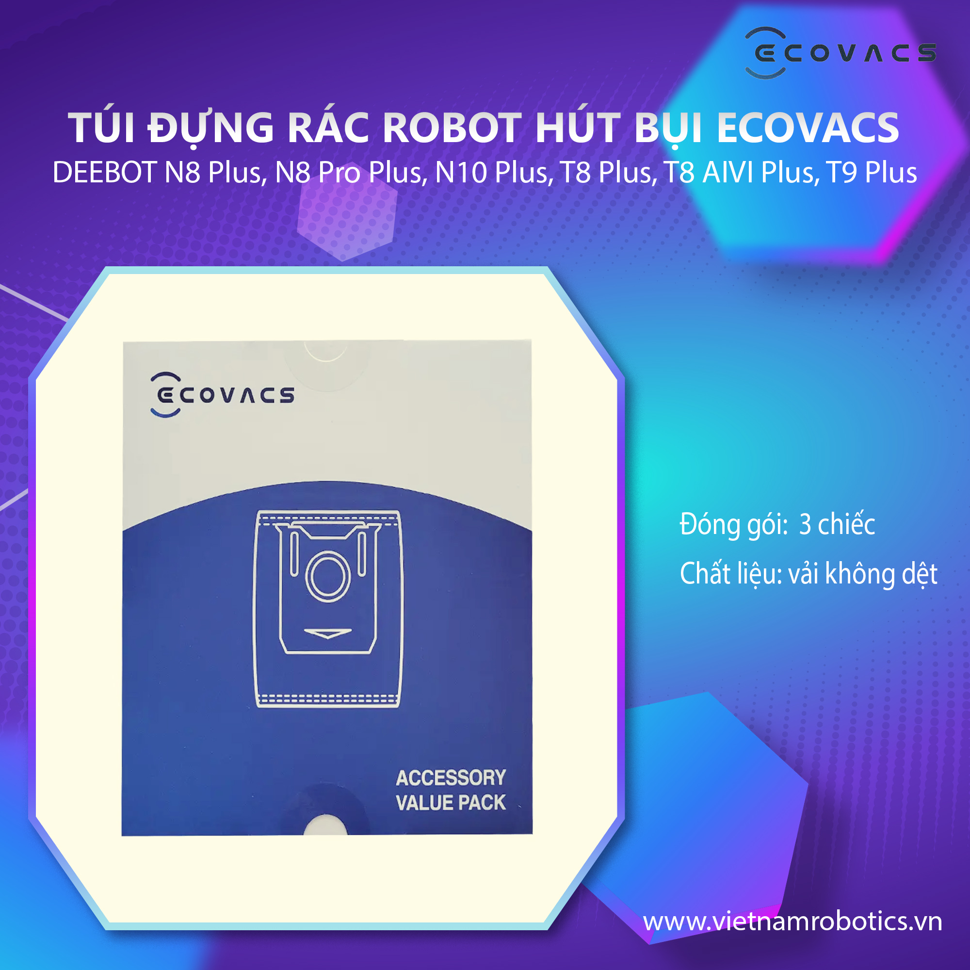 Túi đựng rác dùng cho robot hút bụi ECOVACS DEEBOT T8 Max Plus, T8 AIVI Plus, T9 Plus, T9 AIVI Plus, N8 Plus, N8 Pro Plus, N10 Plus- Hàng Chính Hãng