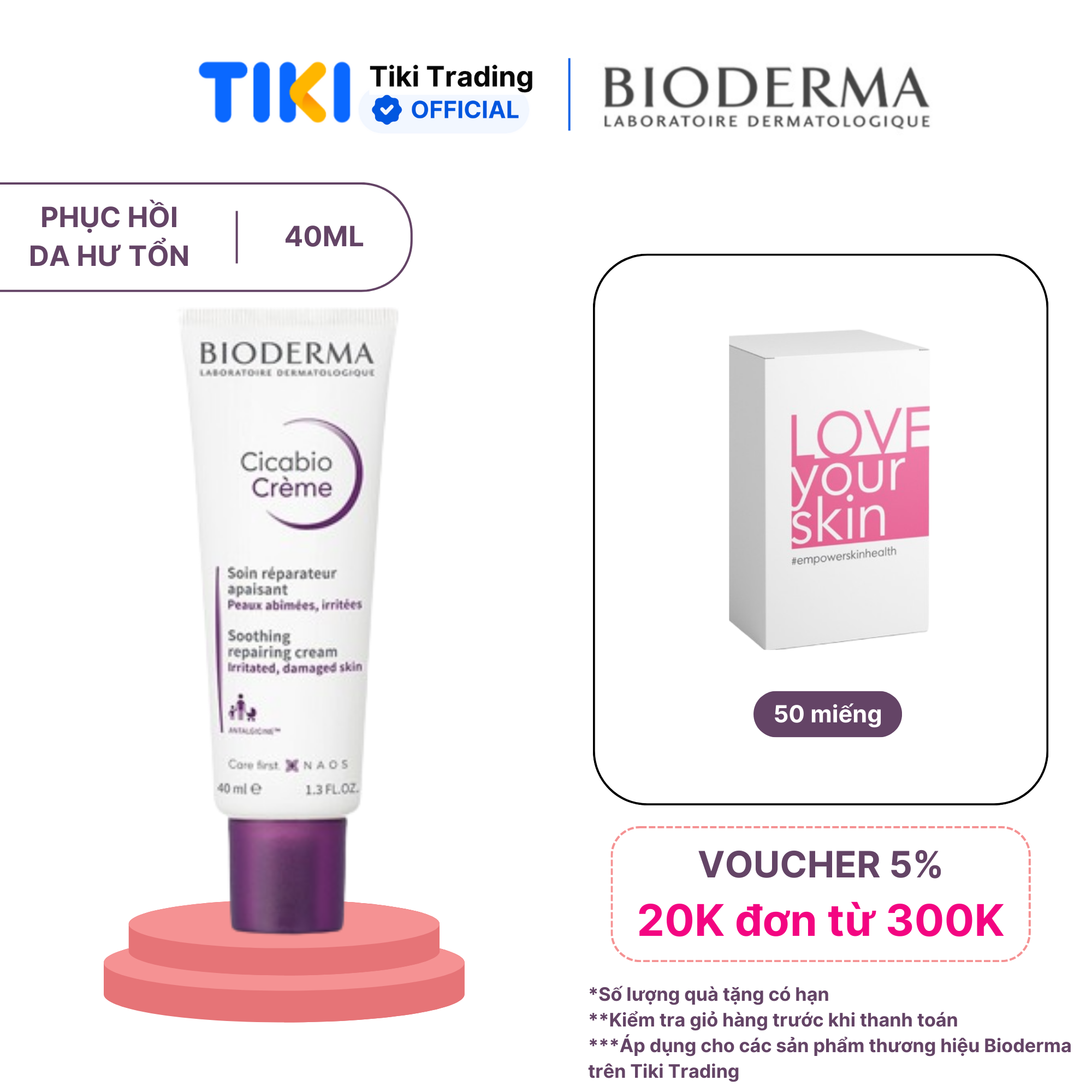 Kem dưỡng làm dịu, giảm kích ứng và phục hồi nhanh cho da tổn thương Bioderma Cicabio Crème - 40ml