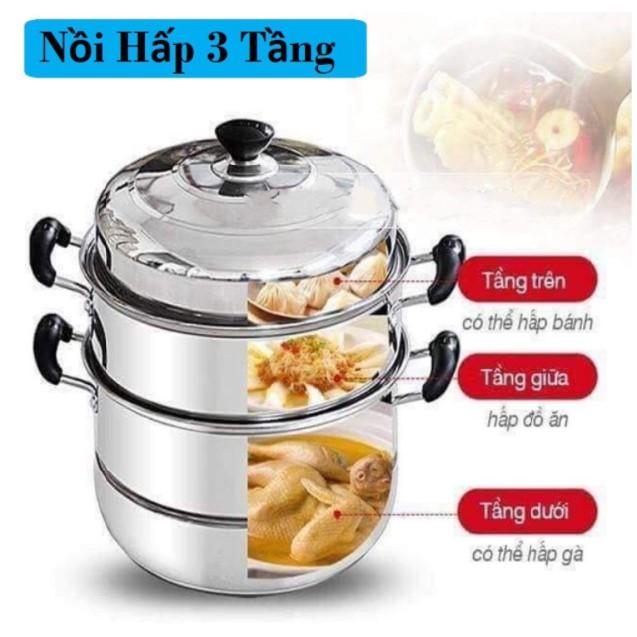 Xửng hấp nồi hấp 3 tầng có 2 vỉ hấp đường kính 28cm dùng trên mọi loại bếp kiêm nồi luộc gà