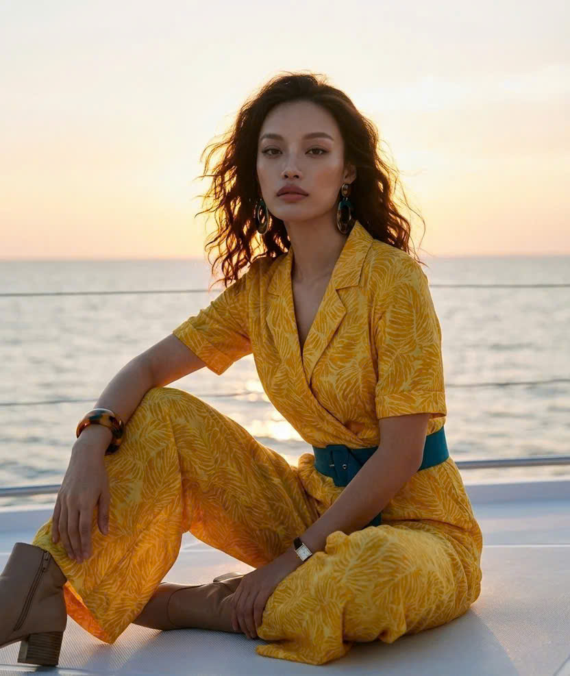 Đồ Bay Jumpsuits Linen Vàng Họa Tiết Lá Kim Diệp DRE239 thời trang thiết kế Hity