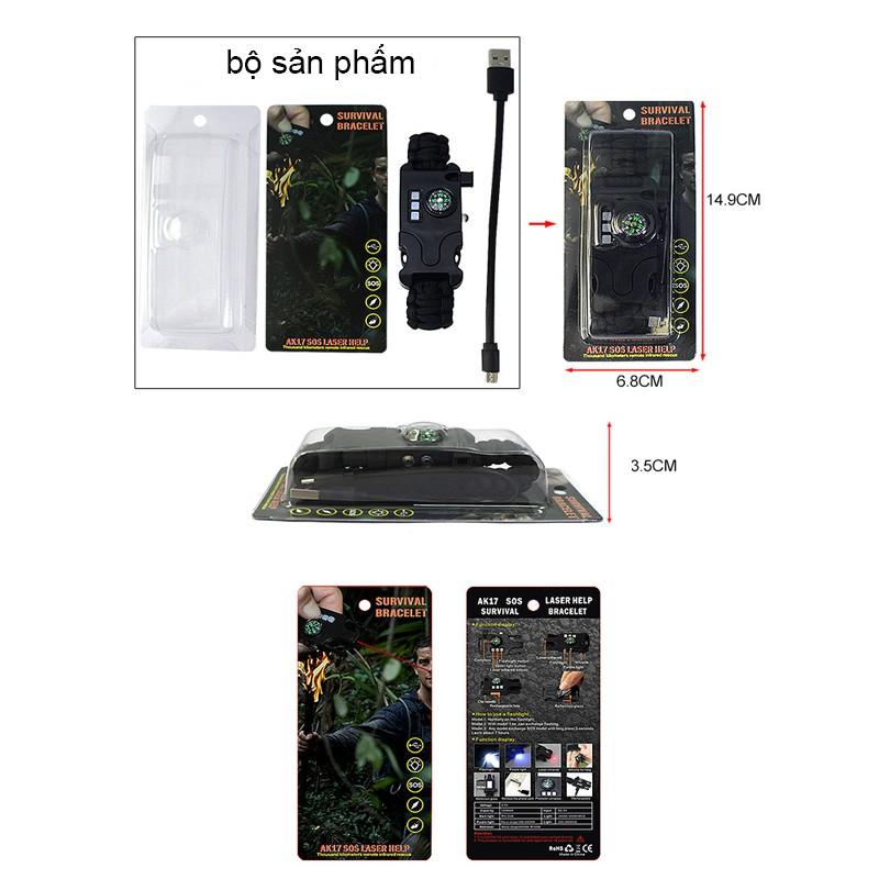 Vòng đeo tay sinh tồn laser hồng ngoại SOS đèn pin la bàn có thể sạc lại AK17
