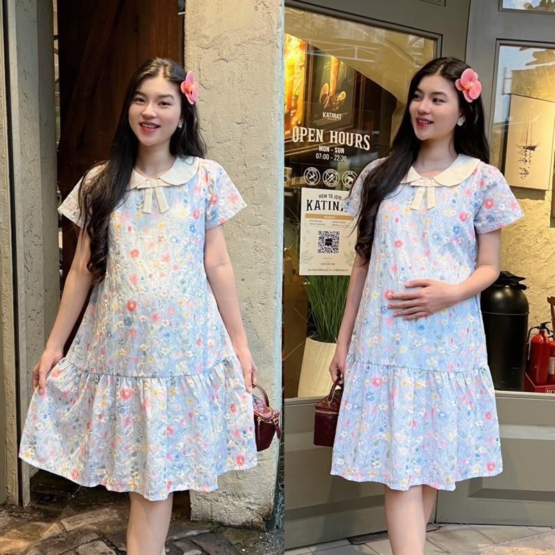 Đầm bầu thêu hoa cổ sen đính nơ form đuôi cá trẻ trung diện đi làm, đi tiệc, đi chơi đều xinh - Xanh