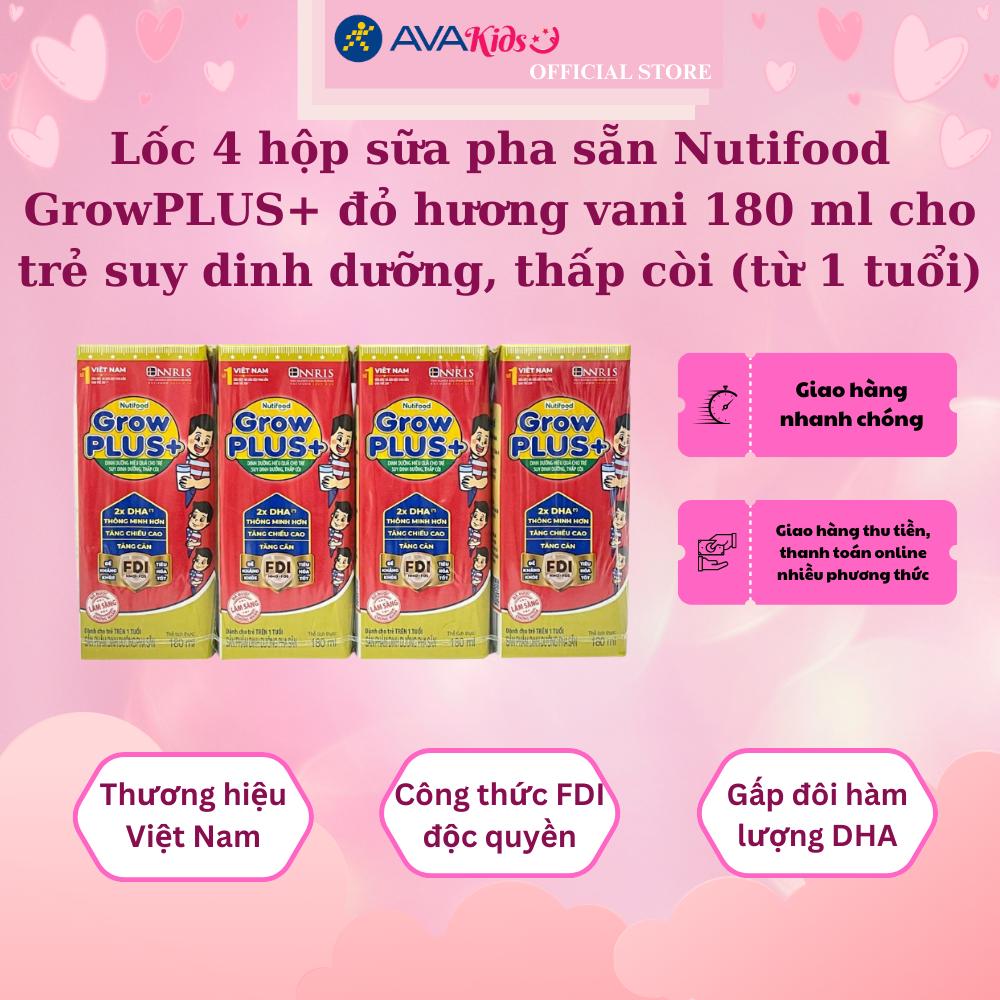 Lốc 4 hộp sữa pha sẵn Nutifood GrowPLUS+ đỏ hương vani 180 ml cho trẻ suy dinh dưỡng, thấp còi (từ 1 tuổi)
