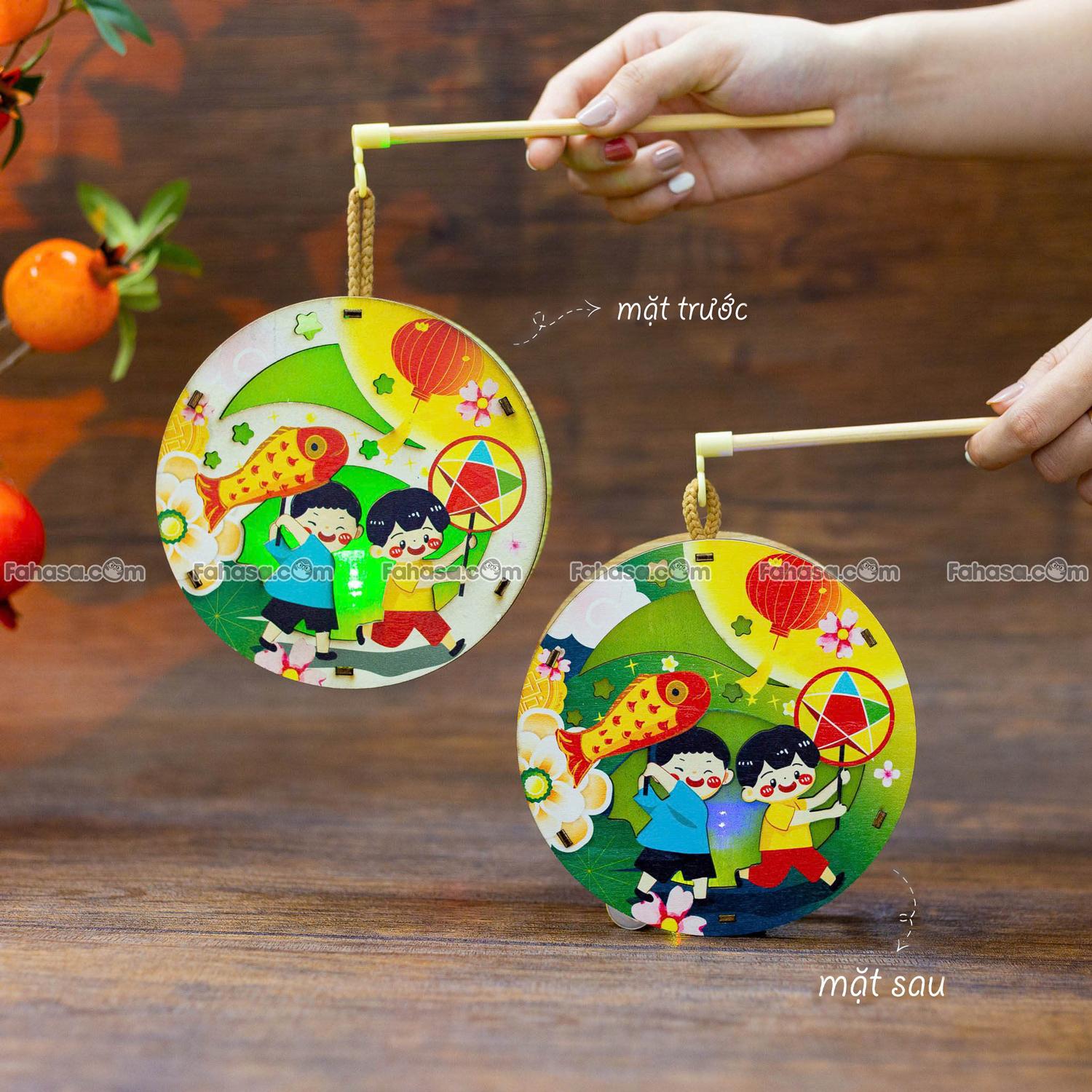 Lồng Đèn Trung Thu Gỗ 2 Mặt Màu - Bách Mộc - Rước Đèn Tròn