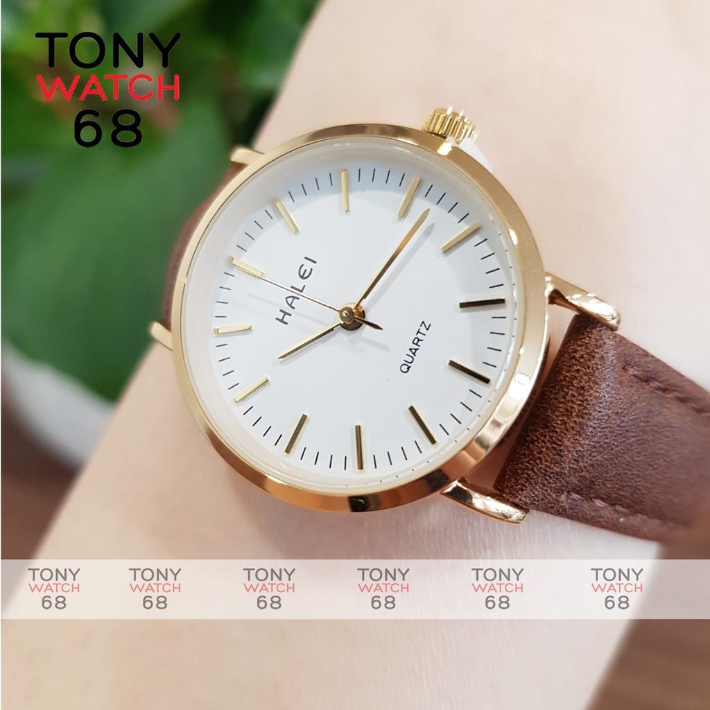 Đồng hồ nữ Halei dây da nâu mặt số vạch chính hãng Tony Watch 68