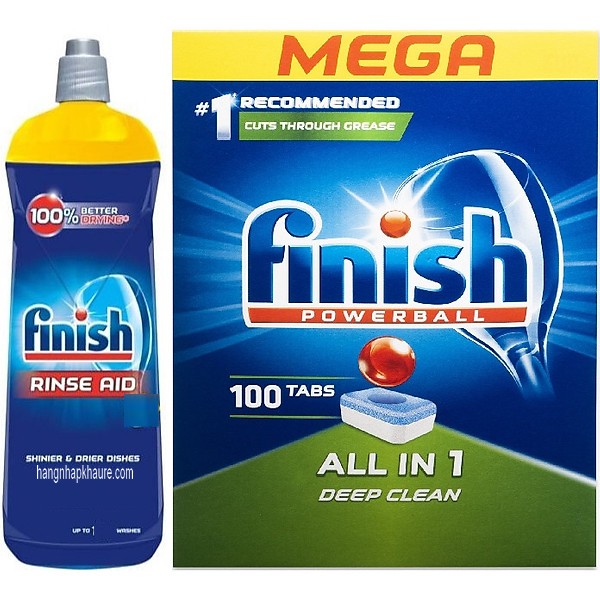 Combo Dầu làm bóng finish 750ml+Viên rửa bát Finish All in one 100v dùng cho Máy rửa bát