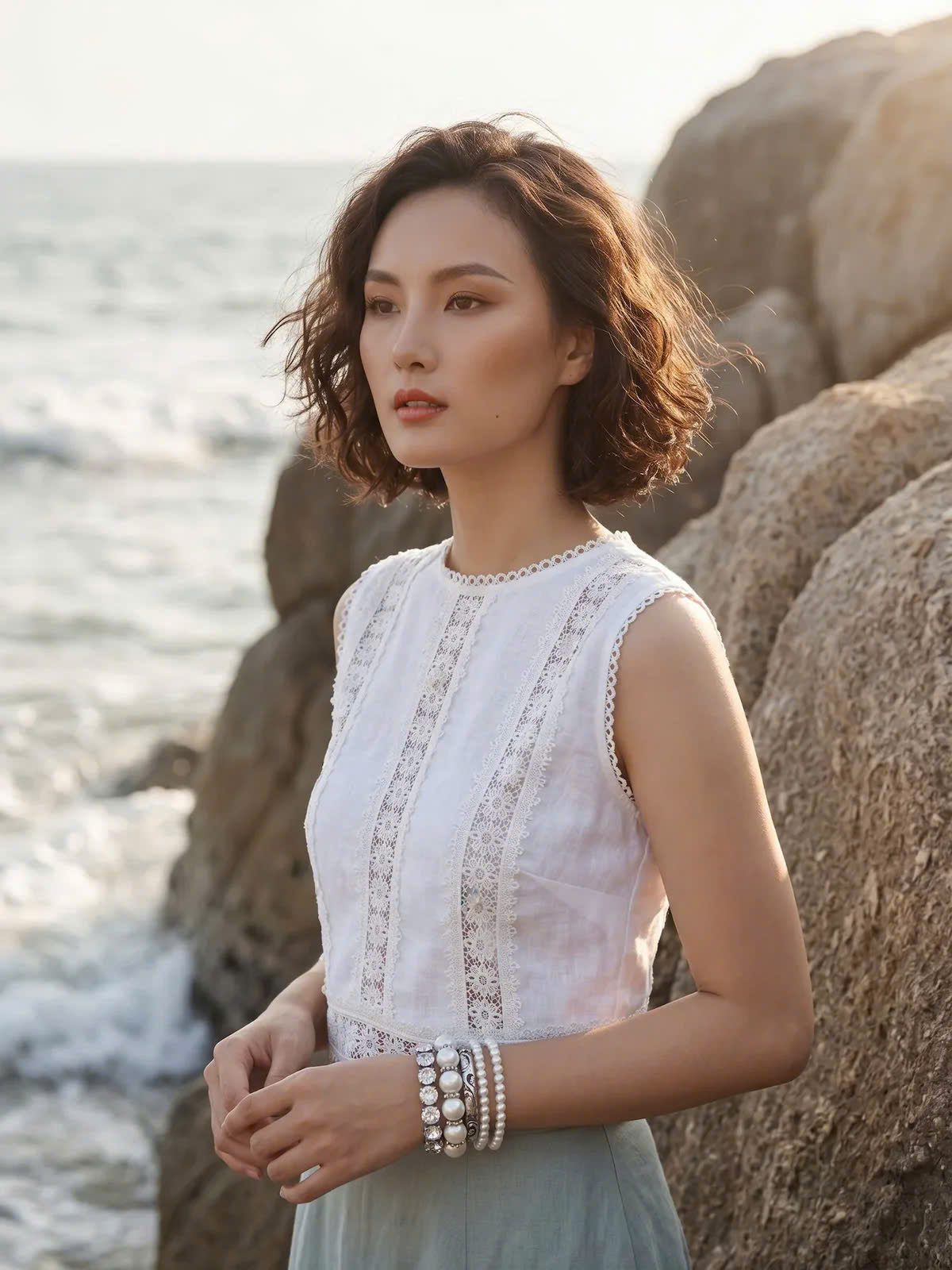 Áo Croptop Linen Trắng Phối Ren Cotton Minh Duyên Top255 Thời trang Hity