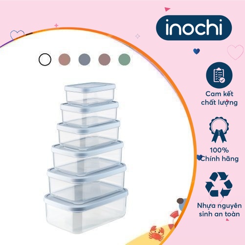 Bộ 6 hộp đựng thực phẩm chữ nhật đủ size Hokkaido ( Tặng kèm Sticker) - Chính hãng Inochi