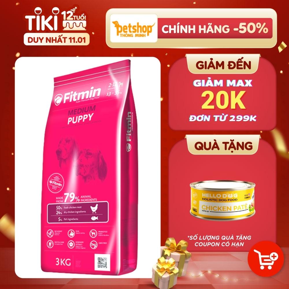 Thức Ăn Dành Cho Chó Nhỏ 2 - 12 Tháng, Chó Mang Thai Và Cho Con Bú Giống Chó Kích Thước Trung Bình Fitmin Dog Medium Puppy 3KG - TẶNG 1 Lon Pate Tươi Hello Dog Chicken Pate 190G