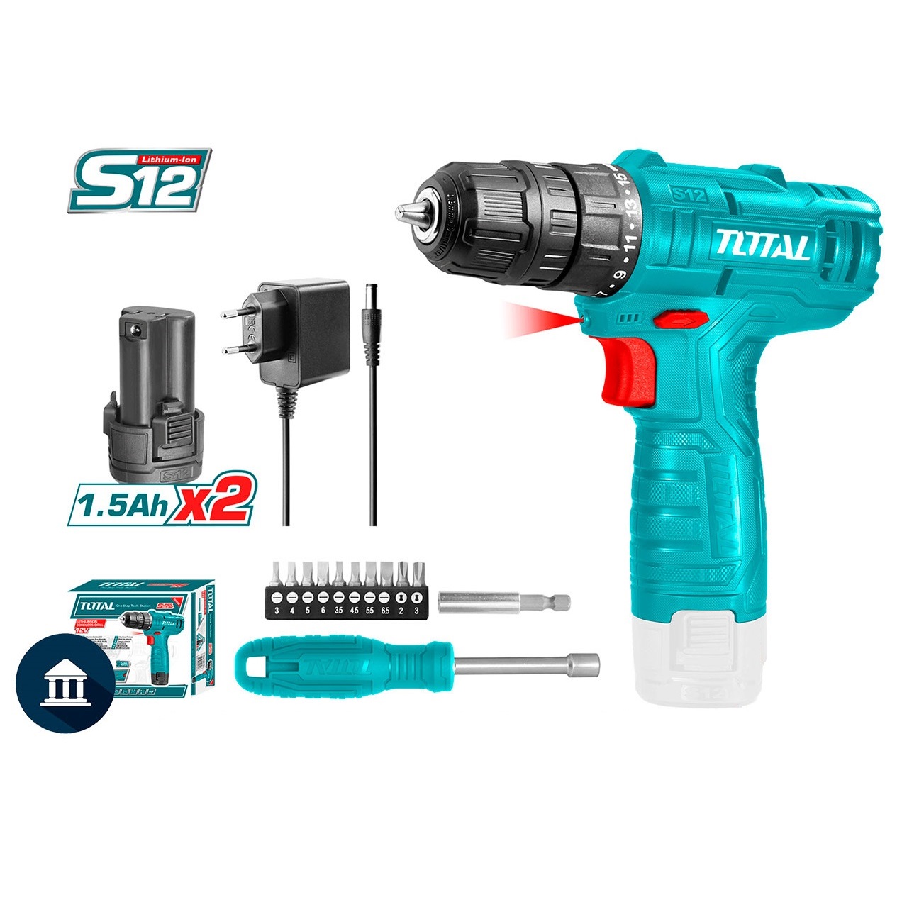 Bộ máy khoan, vặn vít dùng pin 12V có kèm bộ tua vít 13 chi tiết TOTAL TOSLI22111 - Kèm 2 viên pin 1.5Ah, có đèn led tích hợp, pin bền, công suất lớn