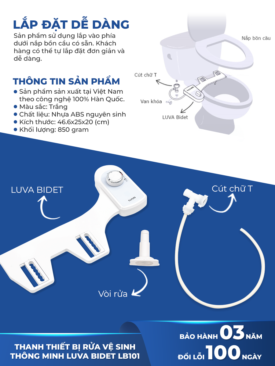 Vòi xịt vệ sinh thông minh LUVA BIDET LB101/LB201 xuất Hàn Quốc, BH 3 năm