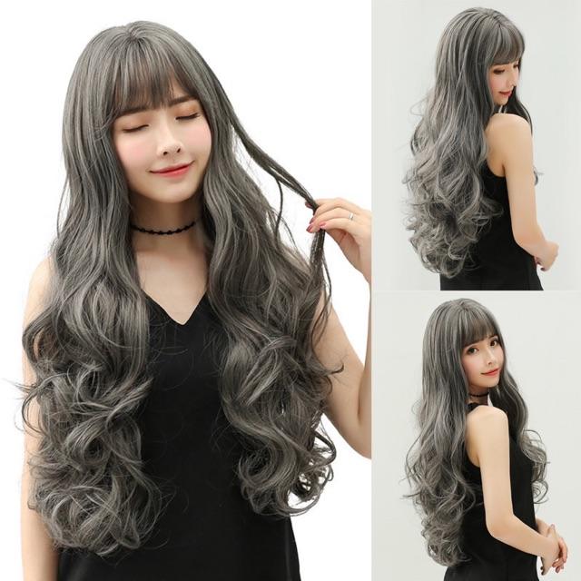 TÓC GIẢ NGUYÊN ĐẦU XOĂN DÀI XÁM KHÓI CÓ MÁI  TẶNG LƯỚI TRÙM