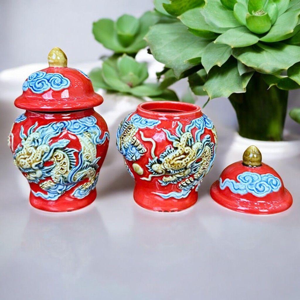 Chóe Thờ men đỏ đắp nổi RỒNG VIỆT, Hũ Đựng Muối Gạo Chiêu Tài, Gốm sứ Bát Tràng cao cấp