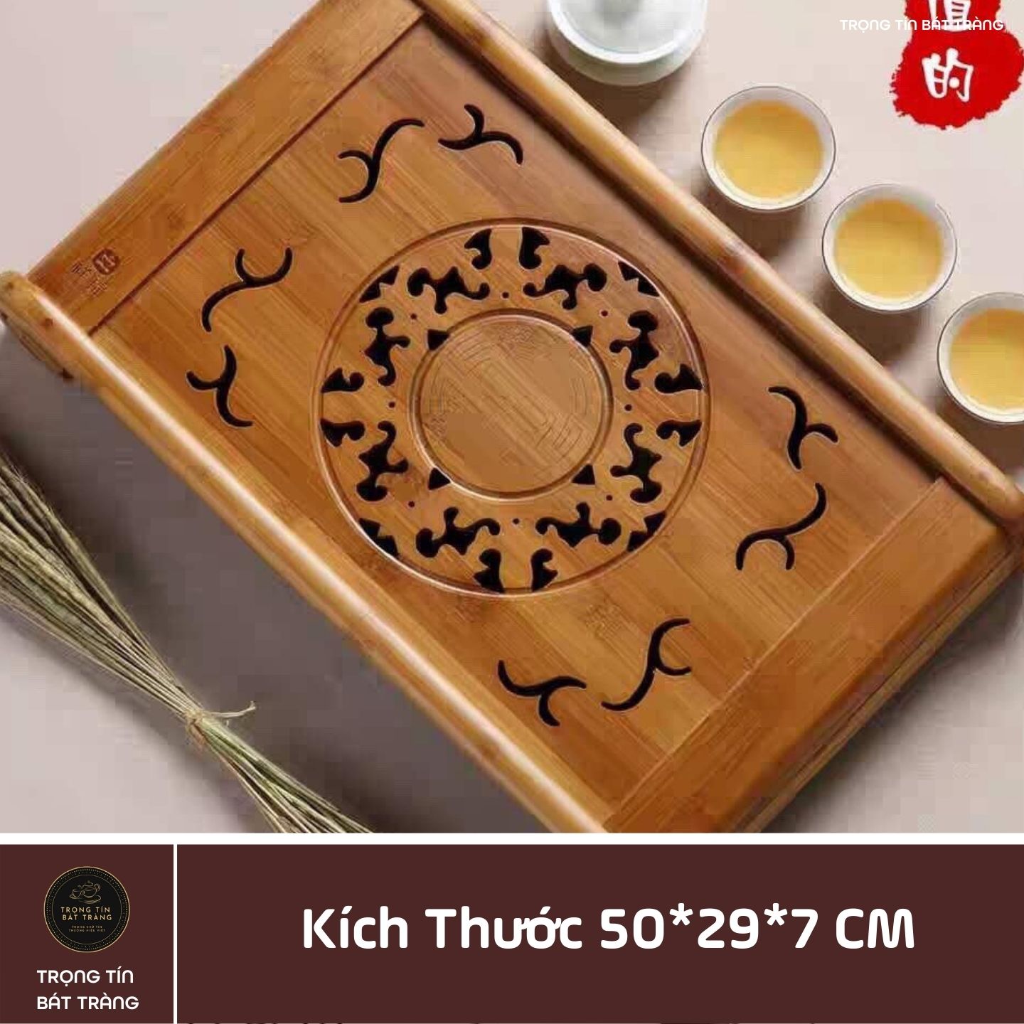 KT 04 Khay Trà Tre Cao Cấp Khổng Minh Chữ Nhật Kích Thước 50*29*7