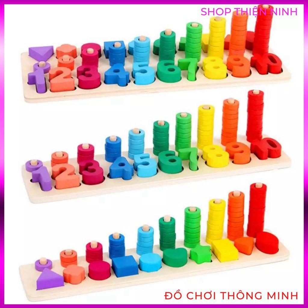 Bộ đồ chơi ghép chữ số, bộ đếm, hình khối và màu sắc bằng gỗ