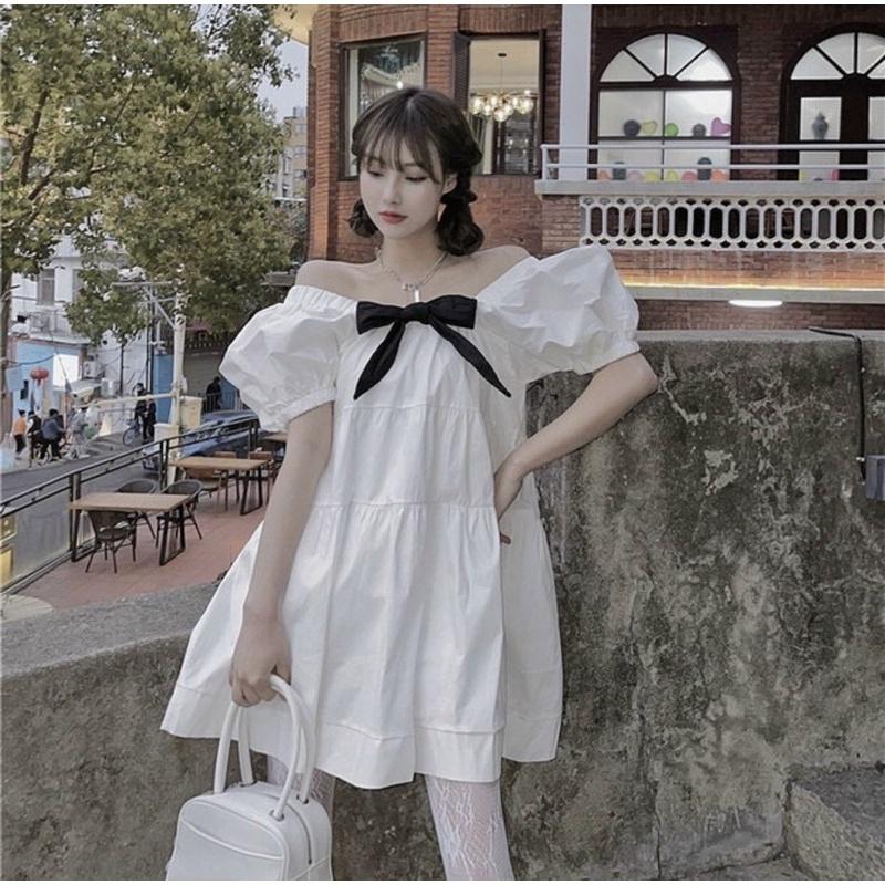 Váy suông tay bồng phối nơ