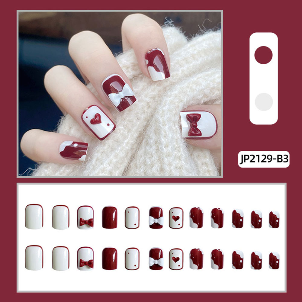 Móng Tay Giả Gắn Nơ Sữa Dâu , Móng Tay Giả Kèm Keo T2129