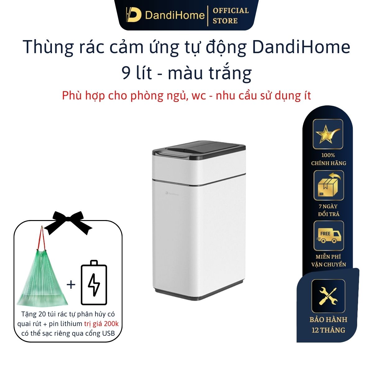Thùng Rác Thông Minh Cảm Ứng Tự Động Đóng Mở Dandihome - Tặng Pin Sạc Micro Usb - 9 Lit - Trắng
