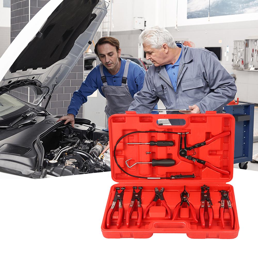 9 PCS Flexible Wire Long Reach Hose Clamp Pliers Kit Automobile Hose Remover Pliers Fuel Oil Water Separation Swivel Angled Flat Band Clic-R Collar Pliers Auto Repairing