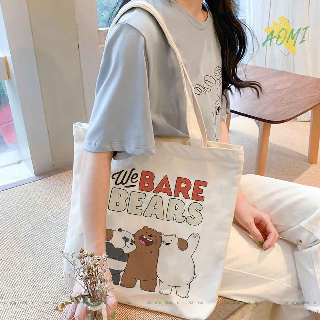 TOTE CANVAS GẤU WE ARE BEARS TÚI VẢI ĐEO VAI BAG KHÓA KÉO SIZE LỚN 33x38cm AOMIVN MÀU ĐEN TRẮNG