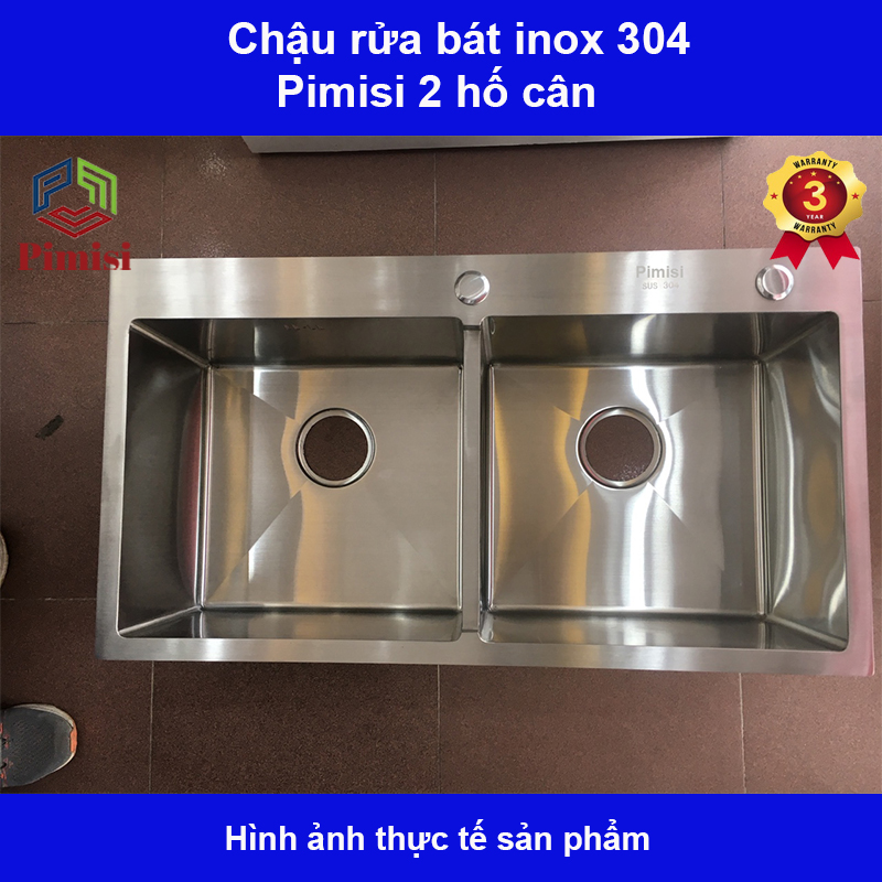 Chậu rửa bát inox 304 Pimisi đúc 2 hố cân, lệch - kích thước 7843-8245 cm đầy đủ xi phông dùng để rửa chén bát gắn được cả âm bàn đá | Hàng chính hãng