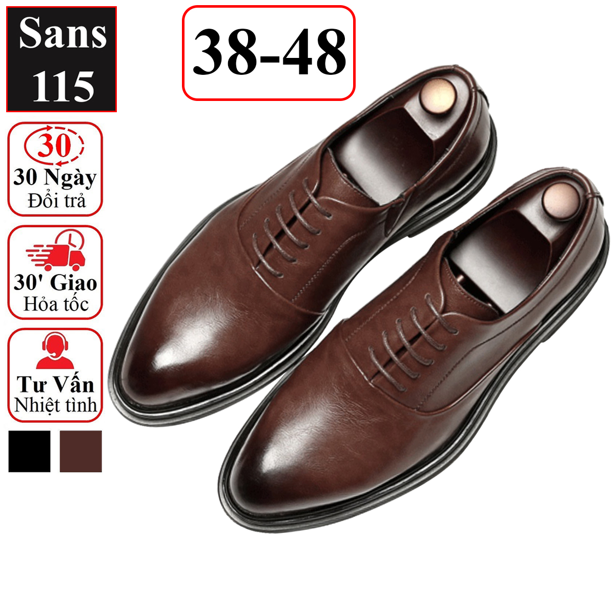 Giày tây nam công sở derby Sans115 giầy da bò thật cao cấp đen nâu da bóng buộc dây bigsize cỡ to lớn 43 44 45 46 47 48